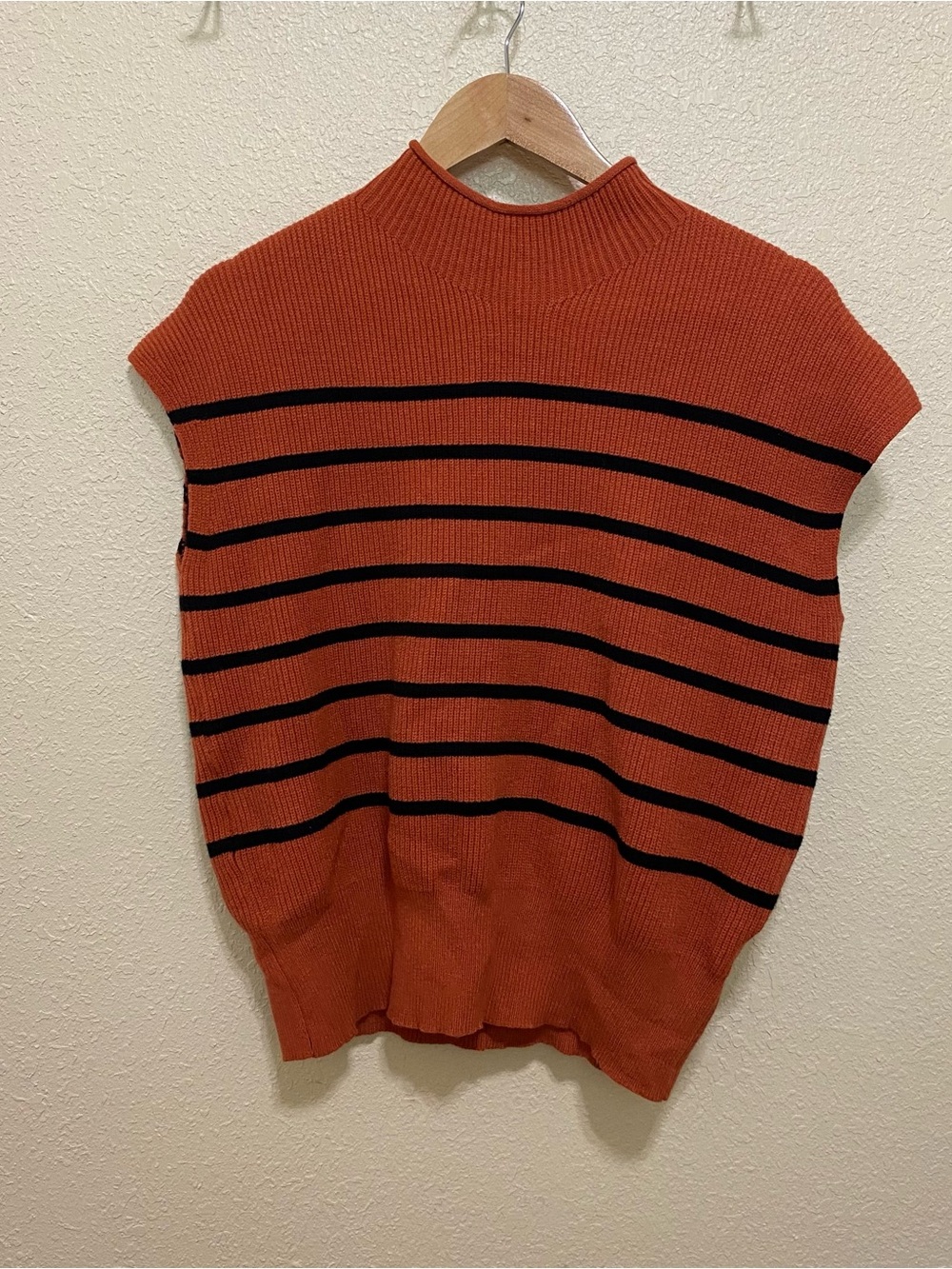 Rust Orange Striped Knit Mock Neck Sleeveless Sweater